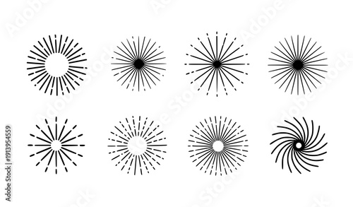 Radial lines glyph icon set vector abstract radiating line elements isolated on transparent background