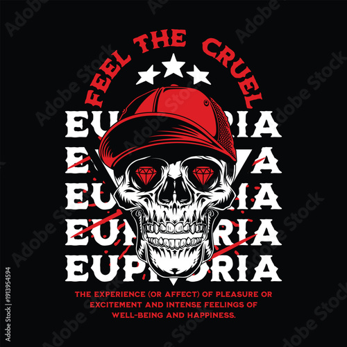 Skull with Diamond Eyes Wearing Baseball Cap and 'Euphoria' Text - Stock Media