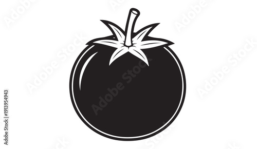 Black and White Tomato Icon, Simple Graphic, Minimalist Design, Isolated on White