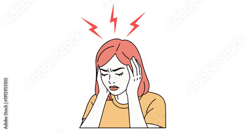 A cartoon woman with red hair holding her head in pain with lightning bolts above, indicating a headache or migraine.