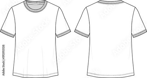Unisex short sleeve crew neck t-shirt with ribbed collar and sleeve cuffs technical flat sketch cad drawing flat vector illustration