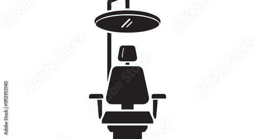 A black silhouette of a barber chair with overhead hair washing sink