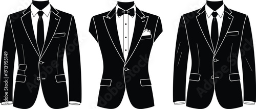 Set of men formal suit jackets and tuxedo with notched lapels and bow tie technical flat sketch cad drawing flat vector illustration