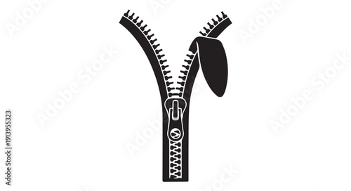Black and white illustration of an open zipper with a flap, isolated on a Transparent Background.
