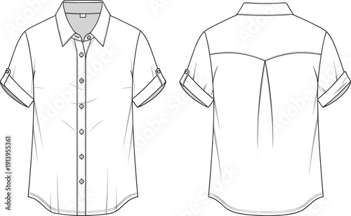Women short sleeve button up shirt with rolled cuffs and back pleat detail technical flat sketch cad drawing flat vector illustration
