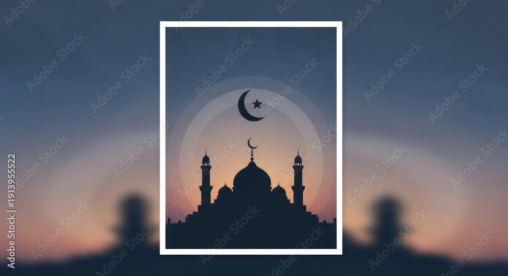 Obraz premium Silhouette of mosque with crescent moon and star within a white frame, set against sunset hues