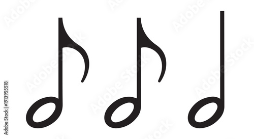 Three black eighth note musical symbols on Transparent Background, representing rhythm and harmony in music composition and performance.