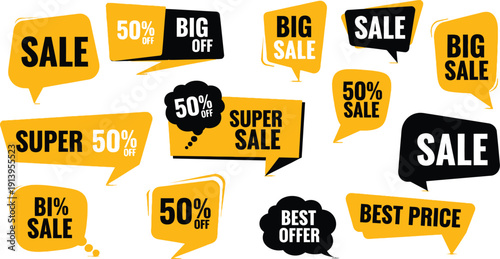 Collection of yellow and black promotional sale speech bubbles and discount tags for marketing