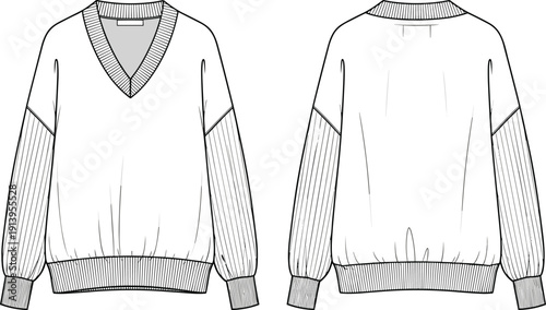Women oversized v neck sweater with pleated long sleeves and ribbed cuffs technical flat sketch cad drawing flat vector illustration