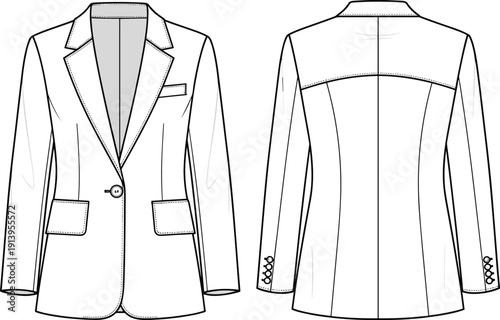 Women formal long sleeve notched lapel one button blazer jacket technical flat sketch cad drawing flat vector illustration garment template