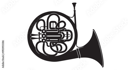 French horn illustration, black and white graphic design element for music or instrument themes, isolated on Transparent Background.