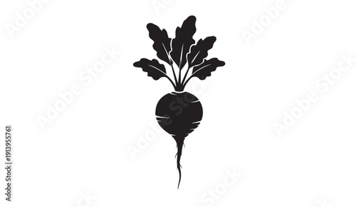 Beetroot Silhouette with Leaves and Root, Isolated on White Background, Minimalist Stock Graphic
