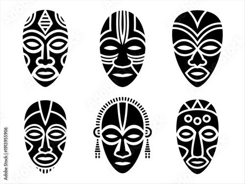 Six African tribal masks in two rows, each with unique geometric and cultural details.