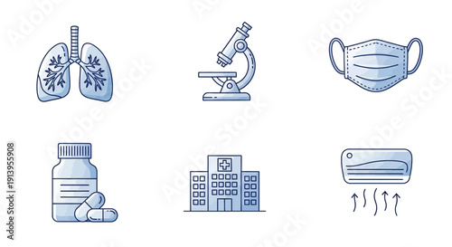Medical and Health Icons Lungs, Microscope, Face Mask, Pills, Hospital, AC. Vector set for healthcare, science, prevention, wellness