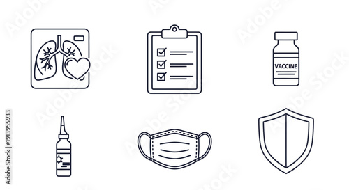 Collection of medical icons representing healthcare, vaccination, and protection against illness