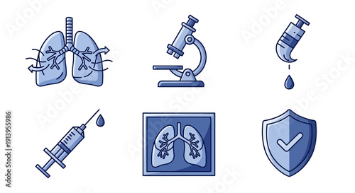 Medical illustrations depicting lungs, microscope, syringe, X-ray, shield, and vaccine for healthcare and science concepts