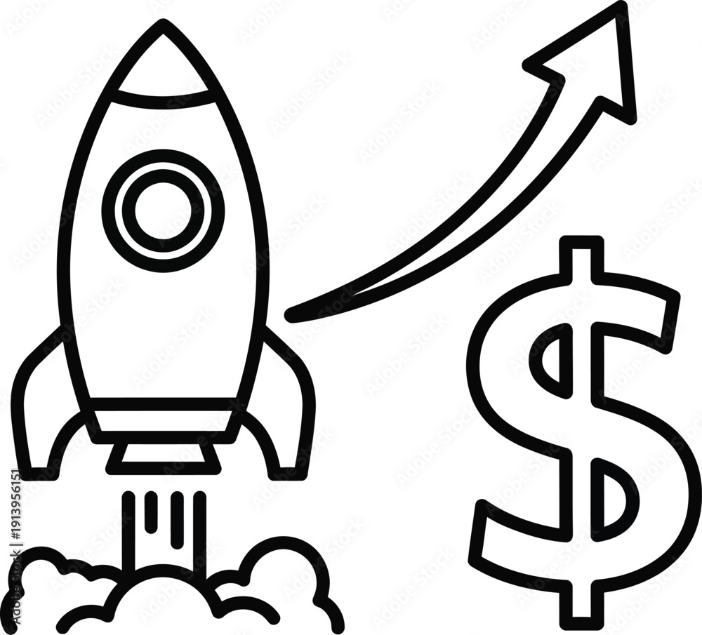Fototapeta premium Rocket launch with dollar sign and upward arrow representing financial growth and startup success