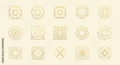 Collection of Geometric Sacred Geometry Symbols and Sacred Geometry Patterns in Gold on a Pale Background