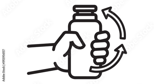 Black line icon of a hand holding and turning a bottle with arrows, symbolizing recycling or reuse.