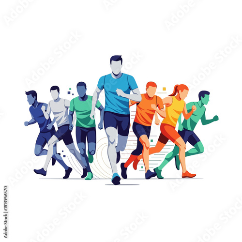 Diverse Group of Runners in Motion: Marathon, Competition, Fitness, Lifestyle