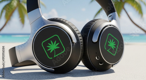 Cannabis Headphones on Beach Sand near Palm Trees during Sunny Day