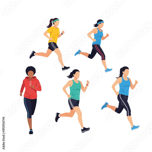 Diverse Women Running Marathon, Fitness Group, Sport Activity, Healthy Lifestyle