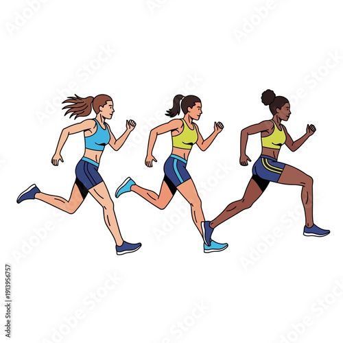 Diverse Women Running Race, Athletic Female Athletes, Sprinting, Fitness, Competition