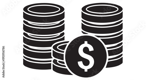 Stacks of dollar coins and a single coin with a dollar sign, symbolizing savings, wealth, and financial transactions.