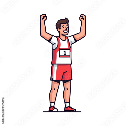 Happy Athlete Celebrating Victory with Raised Arms, Wearing Number 1 Jersey
