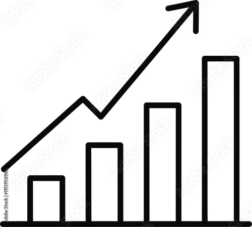 Minimalist black and white icon of a growing bar chart and arrow indicating success