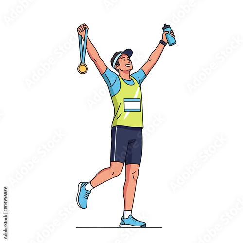 Happy Marathon Runner Celebrates Victory with Medal and Water Bottle