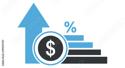 Graphic representation of financial growth with dollar sign and percentage symbol, indicating investment return and profit increase.
