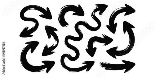 Collection of dynamic black brushstroke arrows in various curving and circular formations high quality professional detailed