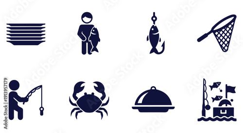 Collection of simple icons representing fishing and seafood on a Transparent Background, ideal for culinary or marine themes.