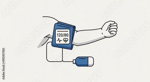 Blood Pressure Monitor on Arm with Cuff and Cable, Isolated on White Background