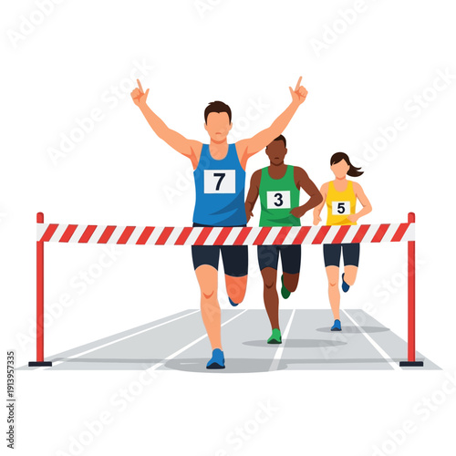 Runner Crossing Finish Line, Celebrating Victory in Race