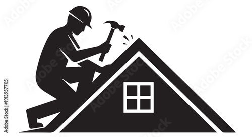 Silhouette of a roofer working on a house roof with a hammer, construction and repair concept, black and white graphic.