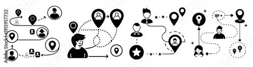 Customer journey mapping flowchart with diverse team collaboration and business process optimization icons