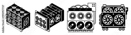 High performance crypto mining rig setup with multiple GPUs and cooling fans in black and silver industrial design