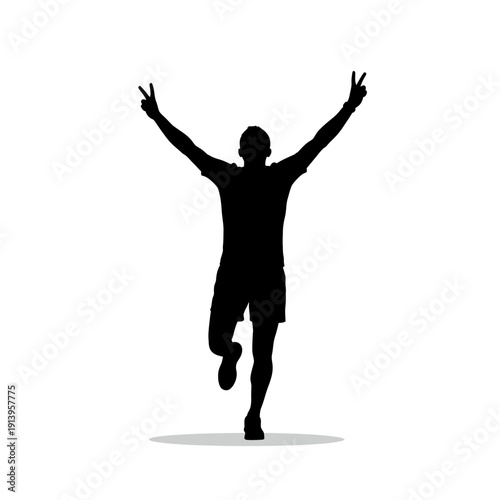 Silhouette of a triumphant runner raising arms with peace signs, celebrating victory