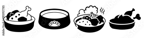 Set of four cartoon pet food bowls with kibble and fish snacks isolated on white background