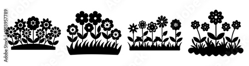 Hand drawn floral garden bed illustration with blooming flowers and green leaves in black and white line art style
