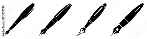 Set of five black fountain pens isolated on white background for writing and business stationery