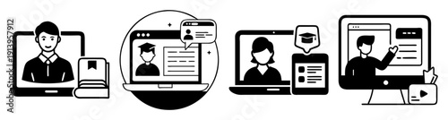 Flat design online course icons set with diverse professionals learning and teaching on digital devices