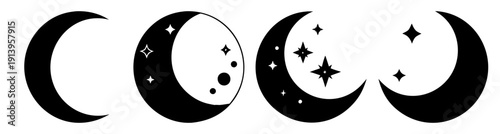 Lunar phases cycle illustration black and white minimalist moon stages crescent full new astronomy