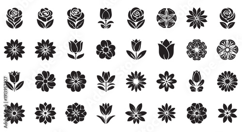Collection of black and white floral icons, featuring various stylized flowers and leaves on a Transparent Background.