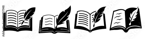 Open poetry book with flying paper pages and quill pen illustration minimalist black and white line art