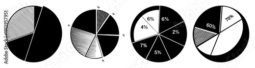 Four modern minimalist pie charts with percentage data in black and white flat design for business reports and presentations