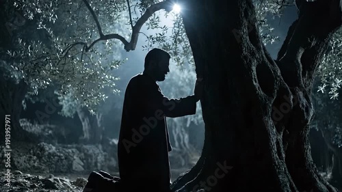 Man kneeling in prayer under olive tree at night