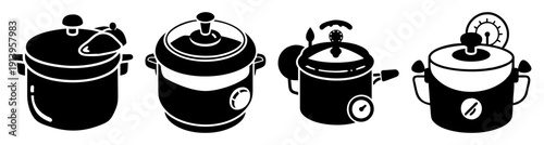 Set of four black pressure cookers with safety valves and timers kitchen cooking appliances vector illustration